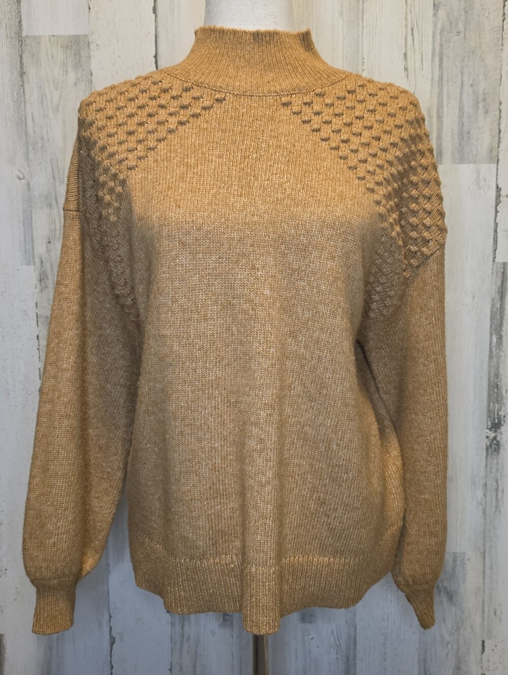 Nine West 0X Plus Mock Neck Sweater Camel Tan Textured Balloon Sleeve Cozy Soft